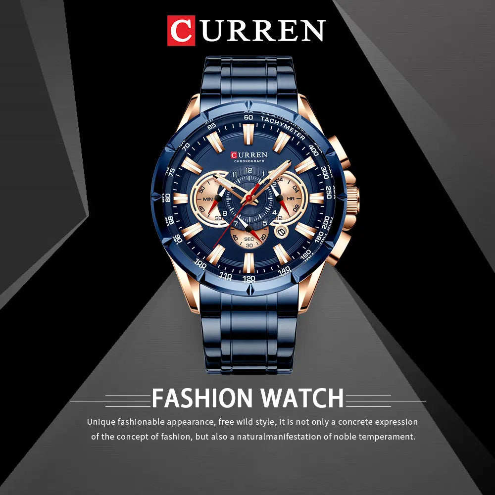 Men New CURREN Casual Sport Chronograph Men's Watch Stainless Steel Band Wristwatch Big Dial Quartz Clock with Luminous Pointers