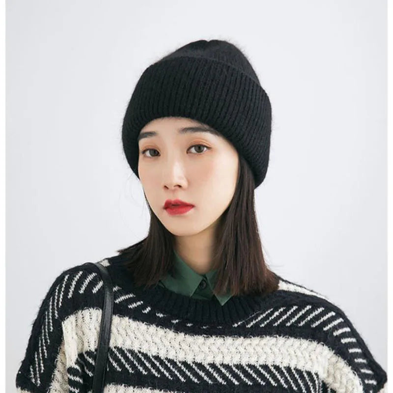 Winter Angola Rabbit Fur Knitted Beanies For Women Fashion Solid Warm Cashmere Wool Skullies Cap Female Three Fold Thick Hats