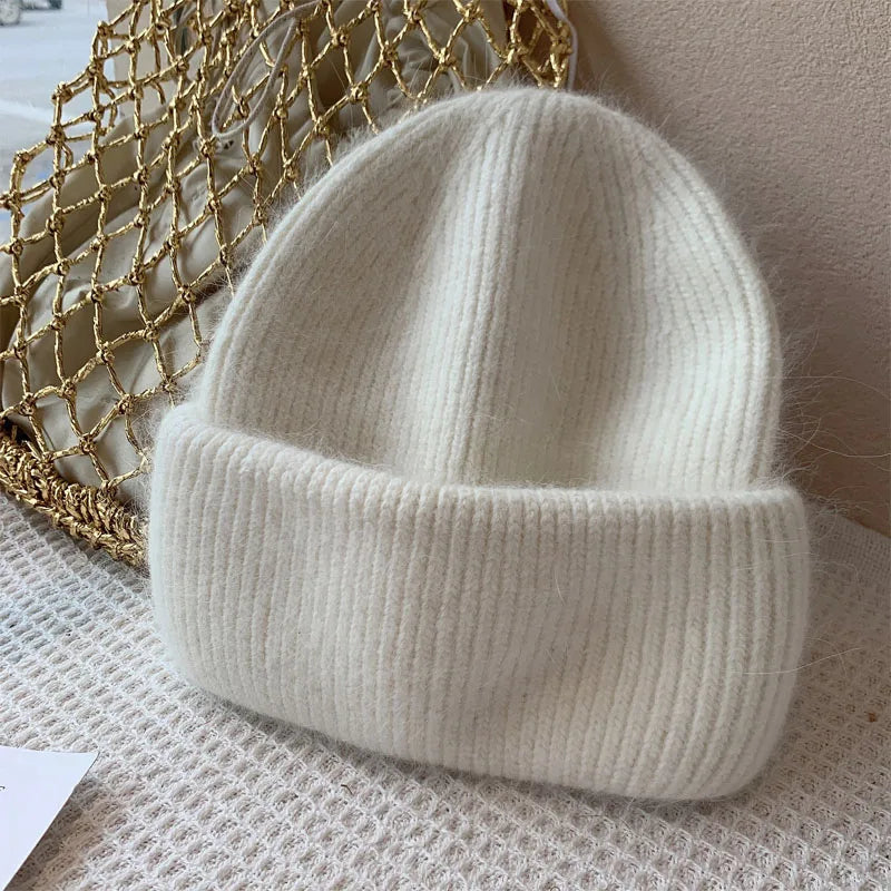 Winter Angola Rabbit Fur Knitted Beanies For Women Fashion Solid Warm Cashmere Wool Skullies Cap Female Three Fold Thick Hats