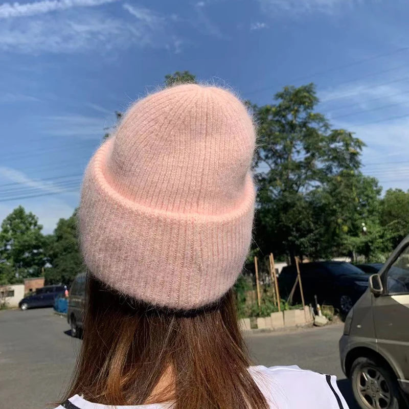 Winter Angola Rabbit Fur Knitted Beanies For Women Fashion Solid Warm Cashmere Wool Skullies Cap Female Three Fold Thick Hats