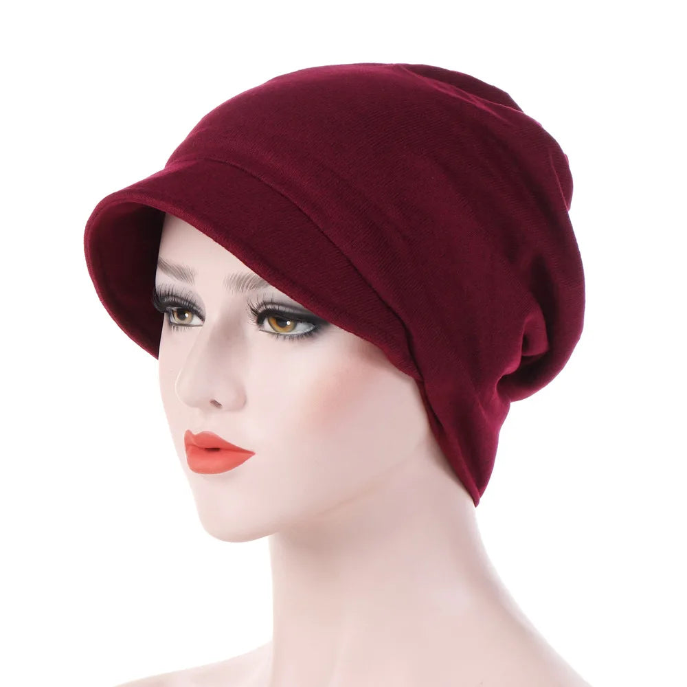 Turban Cap For Women Muslim Plain Brim Hats Stretch Turban Chemo Loss Head Wrap Beanie Casual Head Wrap Scarf