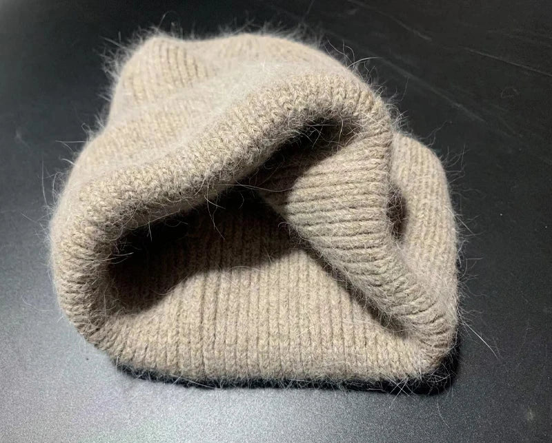 Winter Angola Rabbit Fur Knitted Beanies For Women Fashion Solid Warm Cashmere Wool Skullies Cap Female Three Fold Thick Hats