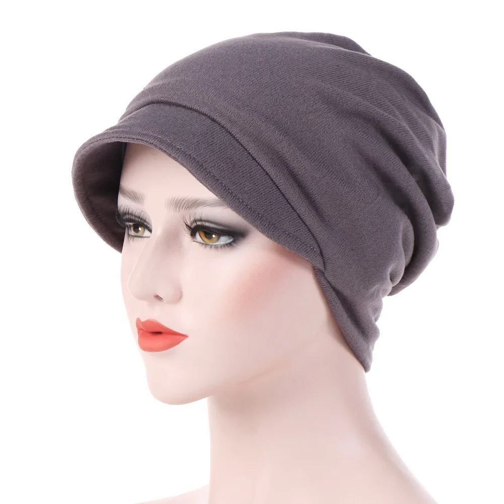 Turban Cap For Women Muslim Plain Brim Hats Stretch Turban Chemo Loss Head Wrap Beanie Casual Head Wrap Scarf