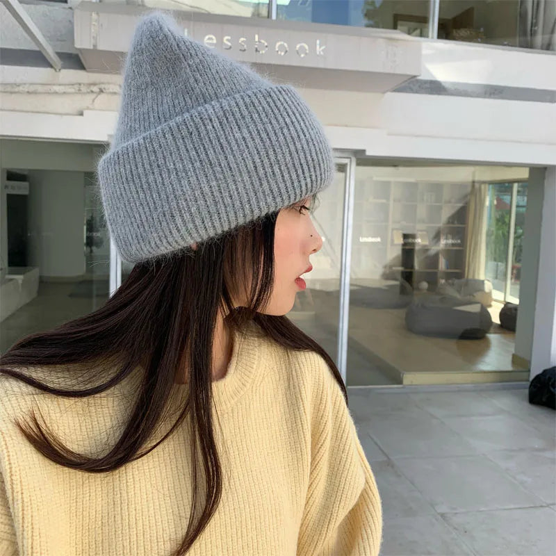 Winter Angola Rabbit Fur Knitted Beanies For Women Fashion Solid Warm Cashmere Wool Skullies Cap Female Three Fold Thick Hats