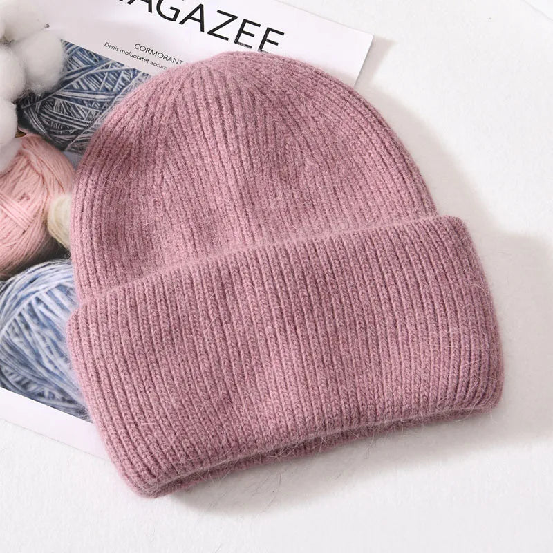 Winter Angola Rabbit Fur Knitted Beanies For Women Fashion Solid Warm Cashmere Wool Skullies Cap Female Three Fold Thick Hats