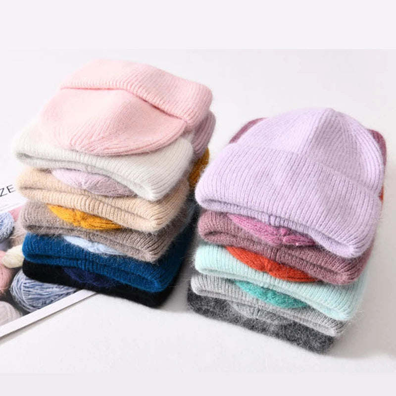 Winter Angola Rabbit Fur Knitted Beanies For Women Fashion Solid Warm Cashmere Wool Skullies Cap Female Three Fold Thick Hats