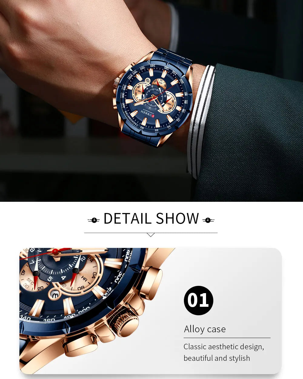 Men New CURREN Casual Sport Chronograph Men's Watch Stainless Steel Band Wristwatch Big Dial Quartz Clock with Luminous Pointers