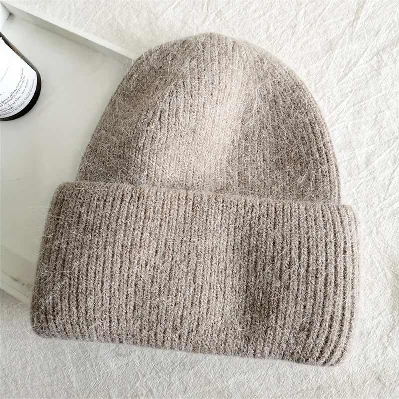 Winter Angola Rabbit Fur Knitted Beanies For Women Fashion Solid Warm Cashmere Wool Skullies Cap Female Three Fold Thick Hats