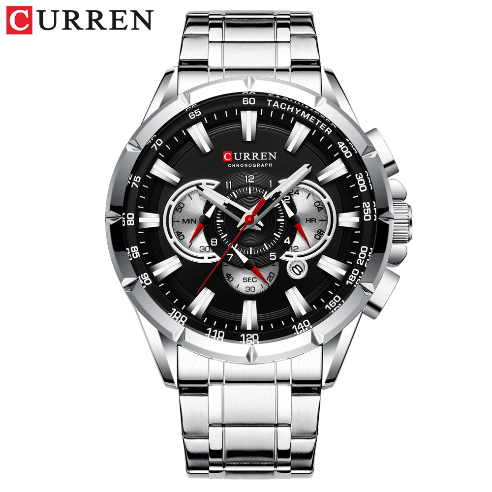 Men New CURREN Casual Sport Chronograph Men's Watch Stainless Steel Band Wristwatch Big Dial Quartz Clock with Luminous Pointers