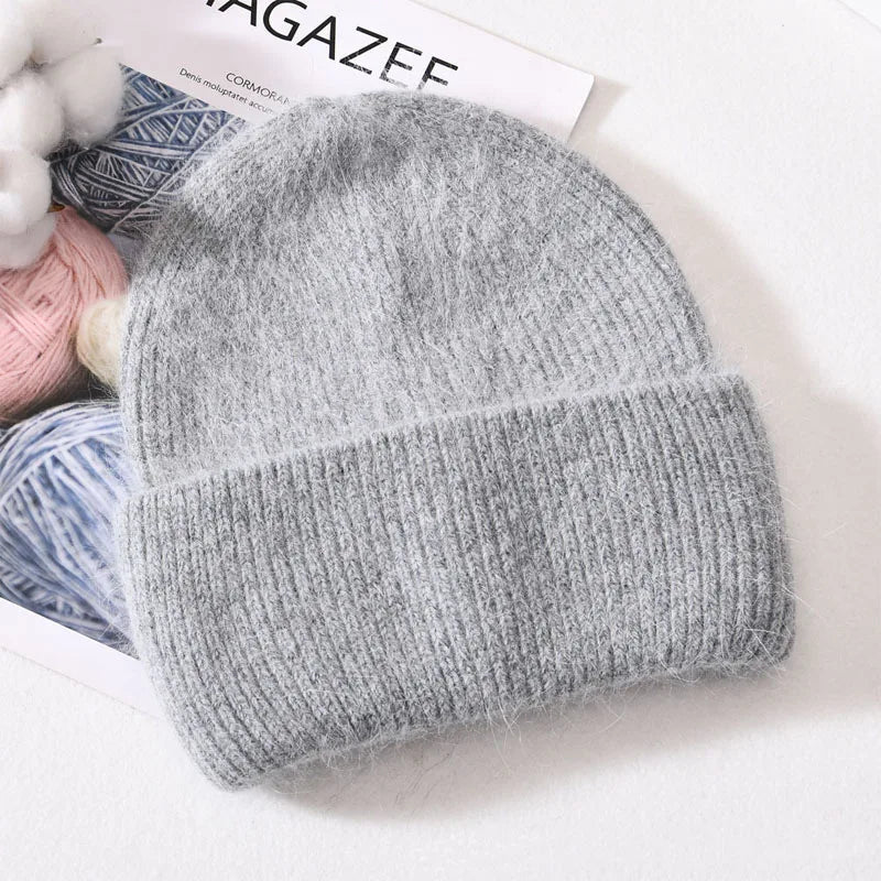 Winter Angola Rabbit Fur Knitted Beanies For Women Fashion Solid Warm Cashmere Wool Skullies Cap Female Three Fold Thick Hats