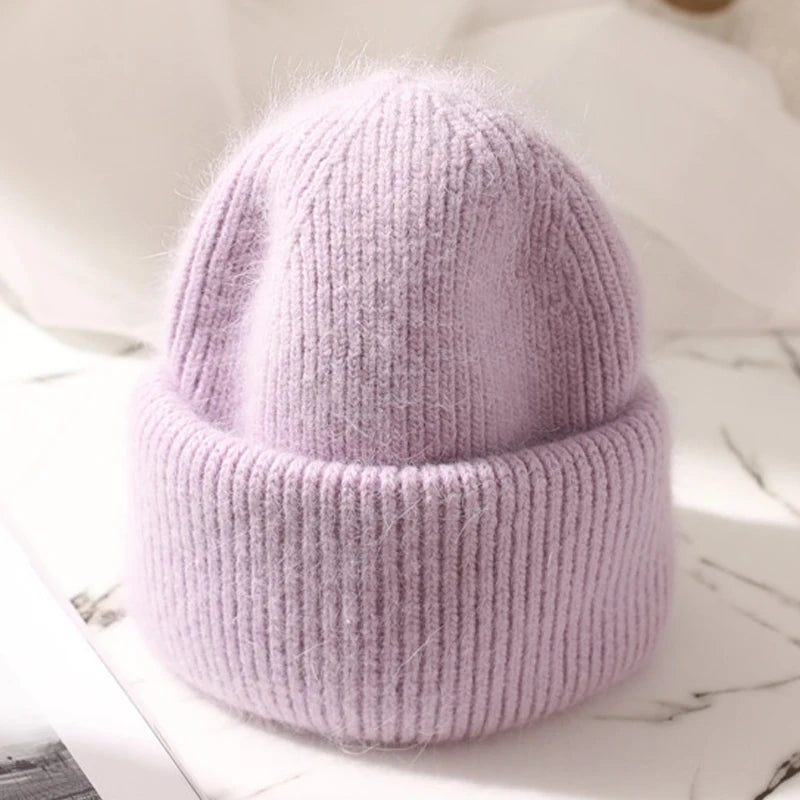 Winter Angola Rabbit Fur Knitted Beanies For Women Fashion Solid Warm Cashmere Wool Skullies Cap Female Three Fold Thick Hats