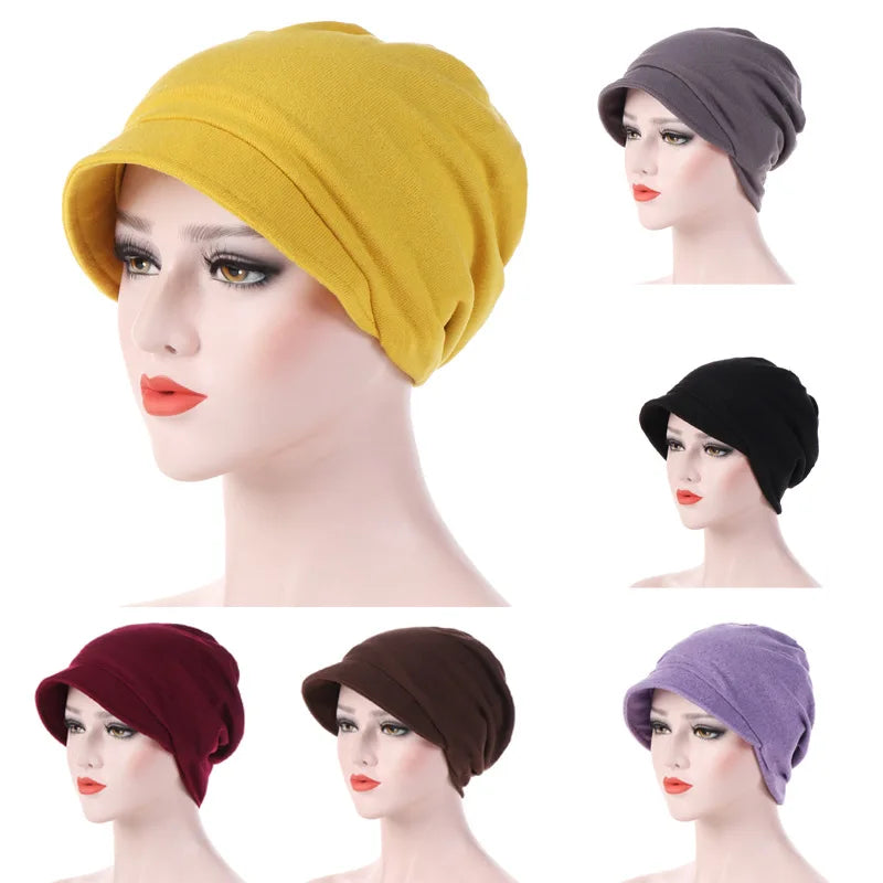 Turban Cap For Women Muslim Plain Brim Hats Stretch Turban Chemo Loss Head Wrap Beanie Casual Head Wrap Scarf