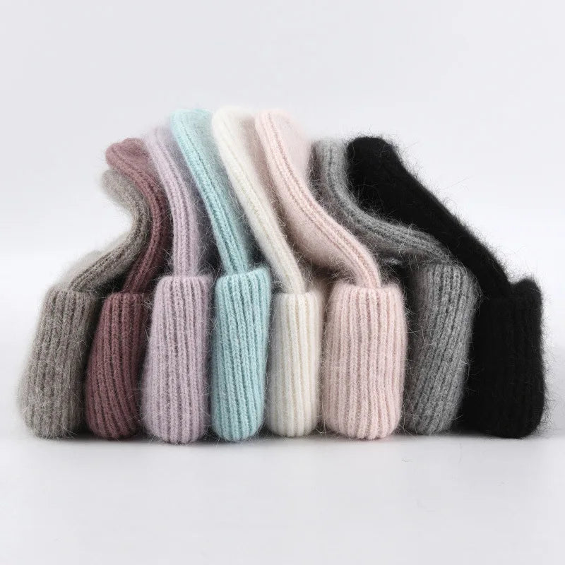 Winter Angola Rabbit Fur Knitted Beanies For Women Fashion Solid Warm Cashmere Wool Skullies Cap Female Three Fold Thick Hats