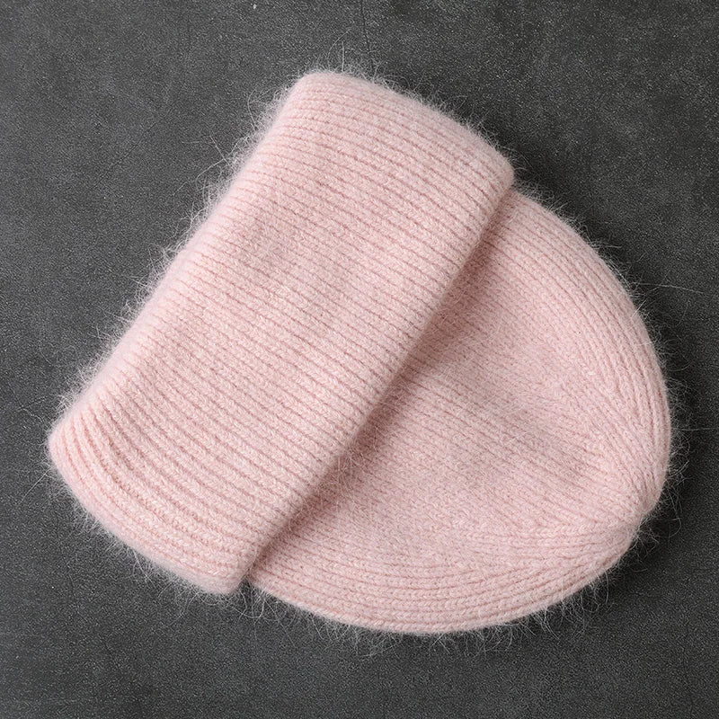 Winter Angola Rabbit Fur Knitted Beanies For Women Fashion Solid Warm Cashmere Wool Skullies Cap Female Three Fold Thick Hats