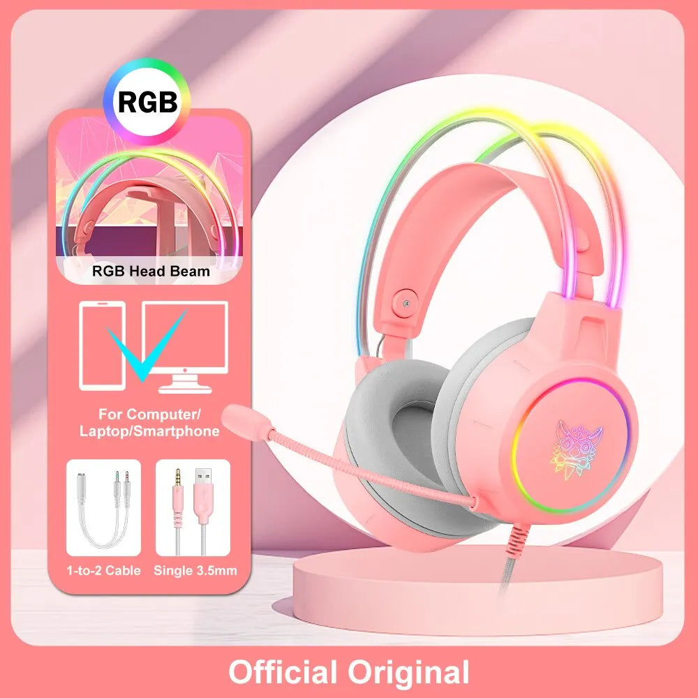 ONIKUMA X15 Pro Over-Ear Headphones Gaming Headset Wired Cancelling Earphones Pink Cat Ears Rgb Light With Mic For PC PS4