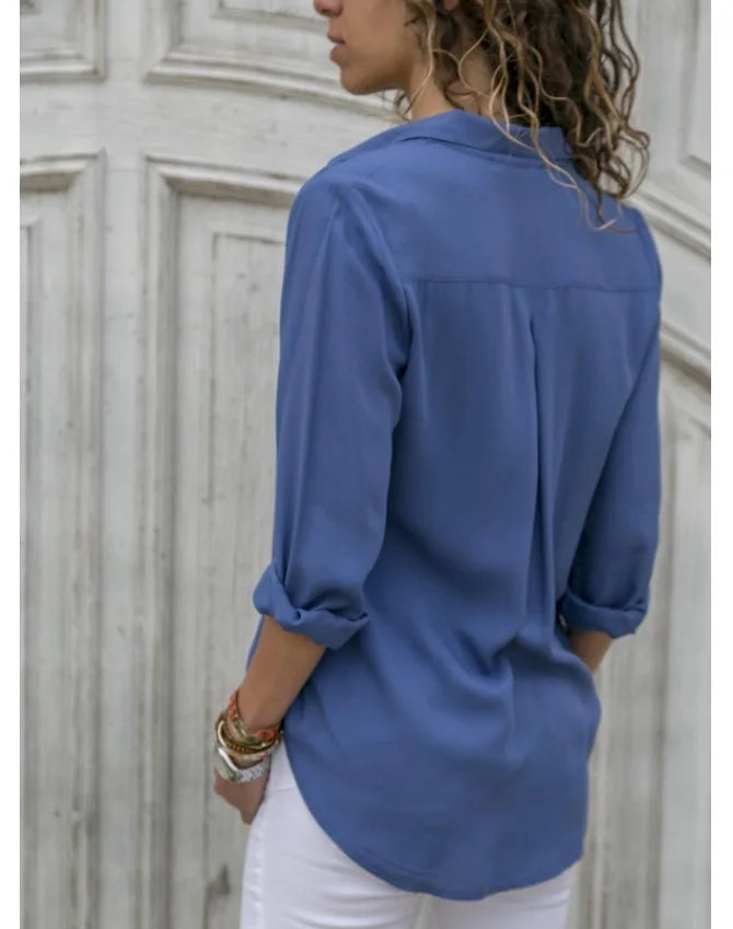 Women Elegant Solid Chiffon Blouse Spring Summer Casual Long Sleeve V Neck Loose Shirt Office Lady Tunics Oversized Tops 2023