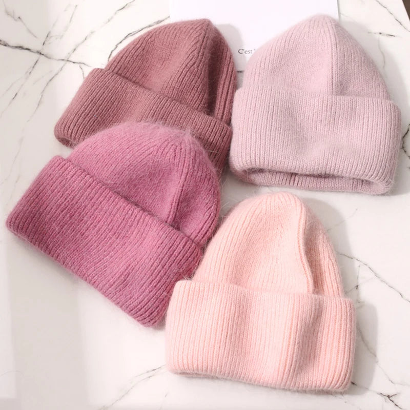 Winter Angola Rabbit Fur Knitted Beanies For Women Fashion Solid Warm Cashmere Wool Skullies Cap Female Three Fold Thick Hats