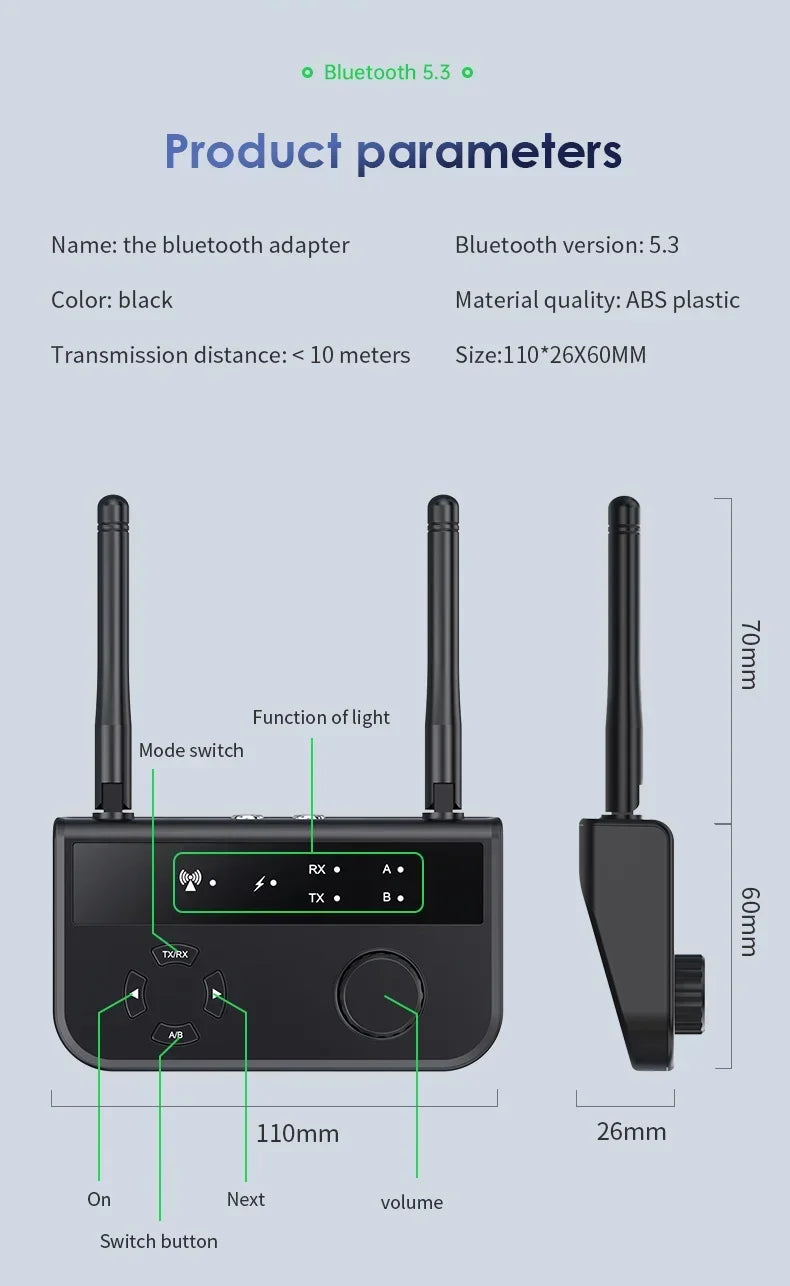 Bluetooth 5.3 Audio Transmitter Receiver Wireless Music Adapter Pair 2 Devices BT 5.0 3.5mm Aux Jack RCA For TV Car PC Headphone