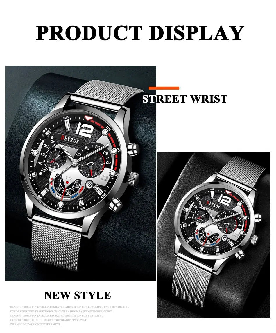 3PCS Set Fashion Mens Calendar Watches Men Business Steel Mesh Belt Quartz Watch Male Casual Necklace Bracelet Wristwatch