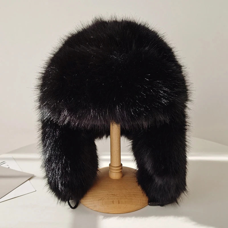 Thicken Faux Fur Ushanka Winter Warm Ear Protection Bomber Hat Outdoor Russian Windproof Anti-cold Furry Earflap Hat For Skiing