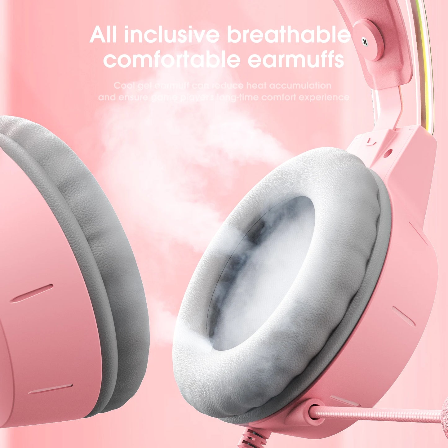 ONIKUMA X15 Pro Over-Ear Headphones Gaming Headset Wired Cancelling Earphones Pink Cat Ears Rgb Light With Mic For PC PS4