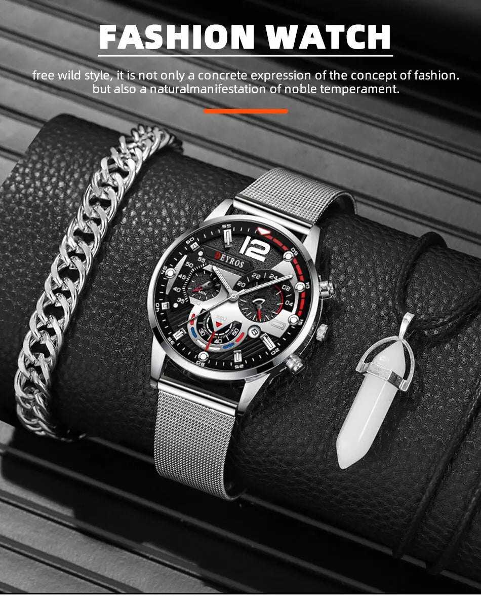 3PCS Set Fashion Mens Calendar Watches Men Business Steel Mesh Belt Quartz Watch Male Casual Necklace Bracelet Wristwatch