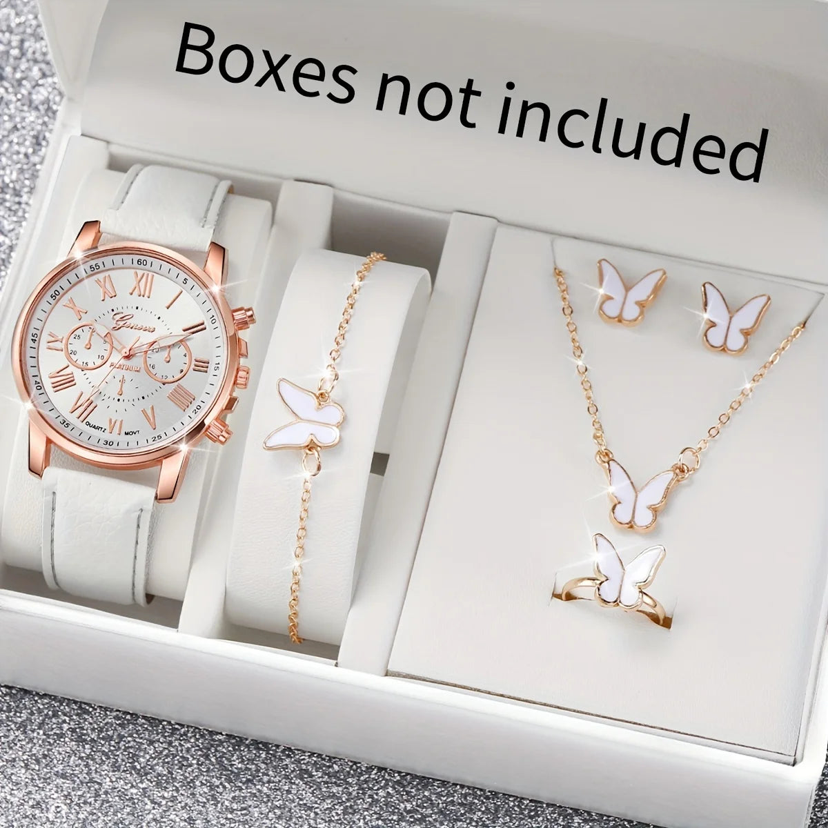 6PCS/Set Women's Watch Butterfly Jewelry Set Leather Band Analog Quartz Watches(Without Box)