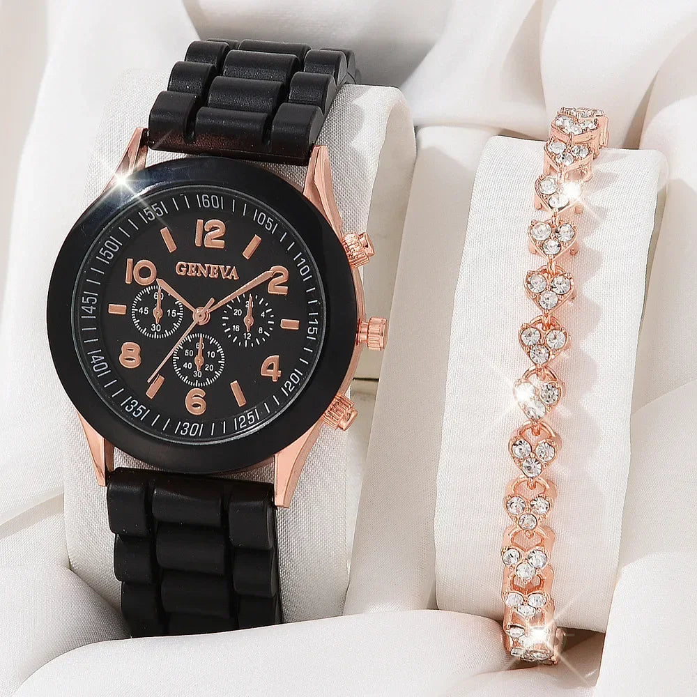 2/6pcs Luxury Watch Set Women Ring Necklace Earrings Rhinestone Fashion Wristwatch Female Casual Ladies Watches Bracelet(No Box)