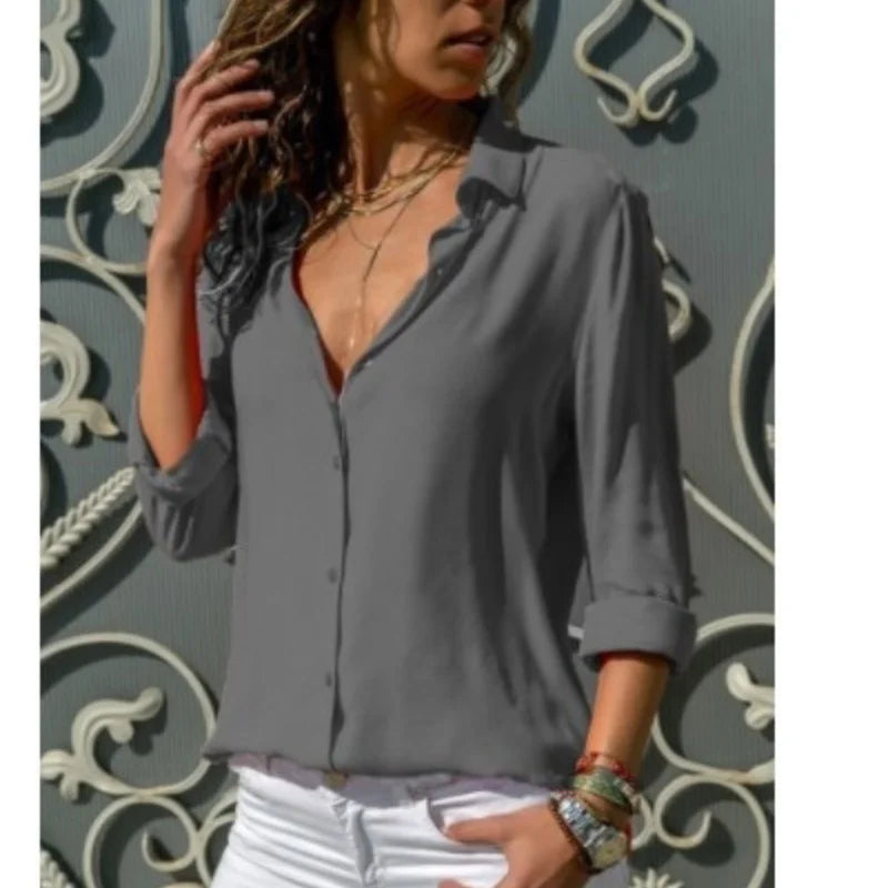 Women Elegant Solid Chiffon Blouse Spring Summer Casual Long Sleeve V Neck Loose Shirt Office Lady Tunics Oversized Tops 2023