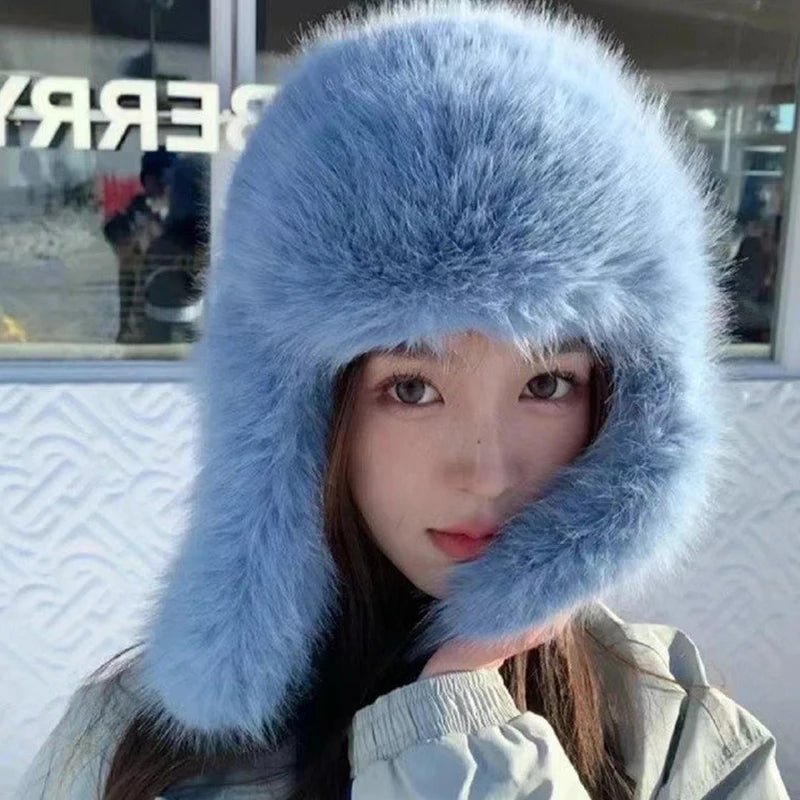 Thicken Faux Fur Ushanka Winter Warm Ear Protection Bomber Hat Outdoor Russian Windproof Anti-cold Furry Earflap Hat For Skiing