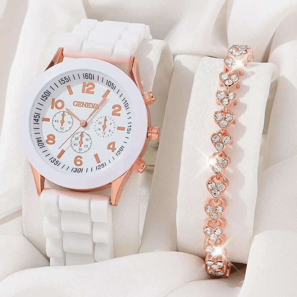 2/6pcs Luxury Watch Set Women Ring Necklace Earrings Rhinestone Fashion Wristwatch Female Casual Ladies Watches Bracelet(No Box)