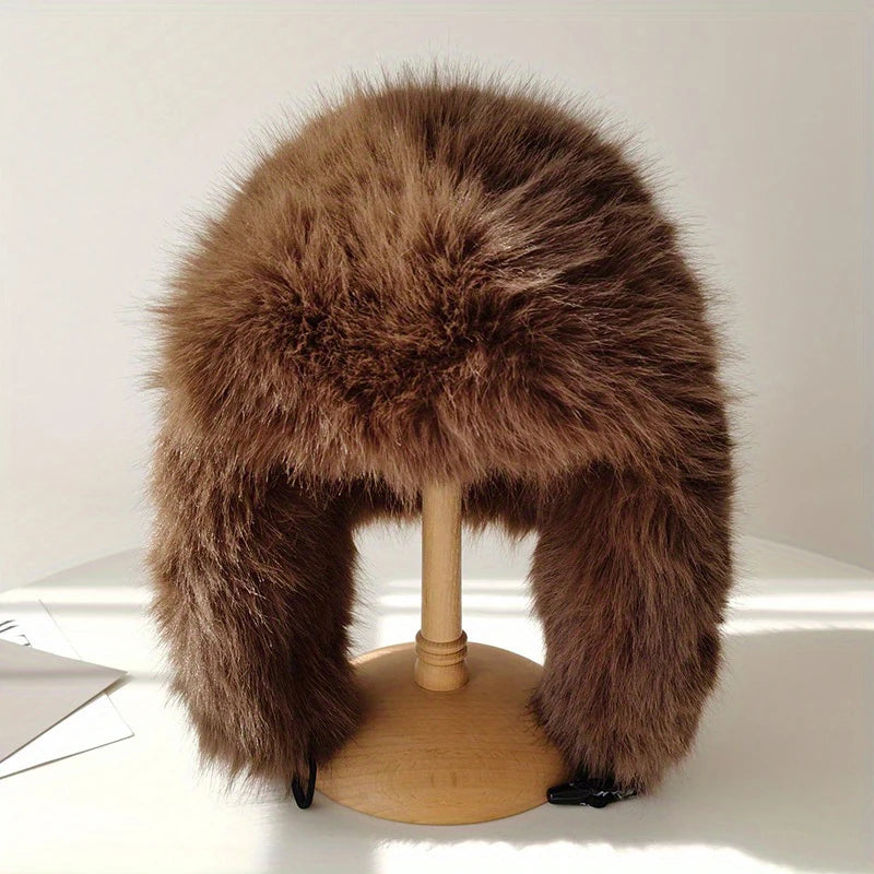 Thicken Faux Fur Ushanka Winter Warm Ear Protection Bomber Hat Outdoor Russian Windproof Anti-cold Furry Earflap Hat For Skiing