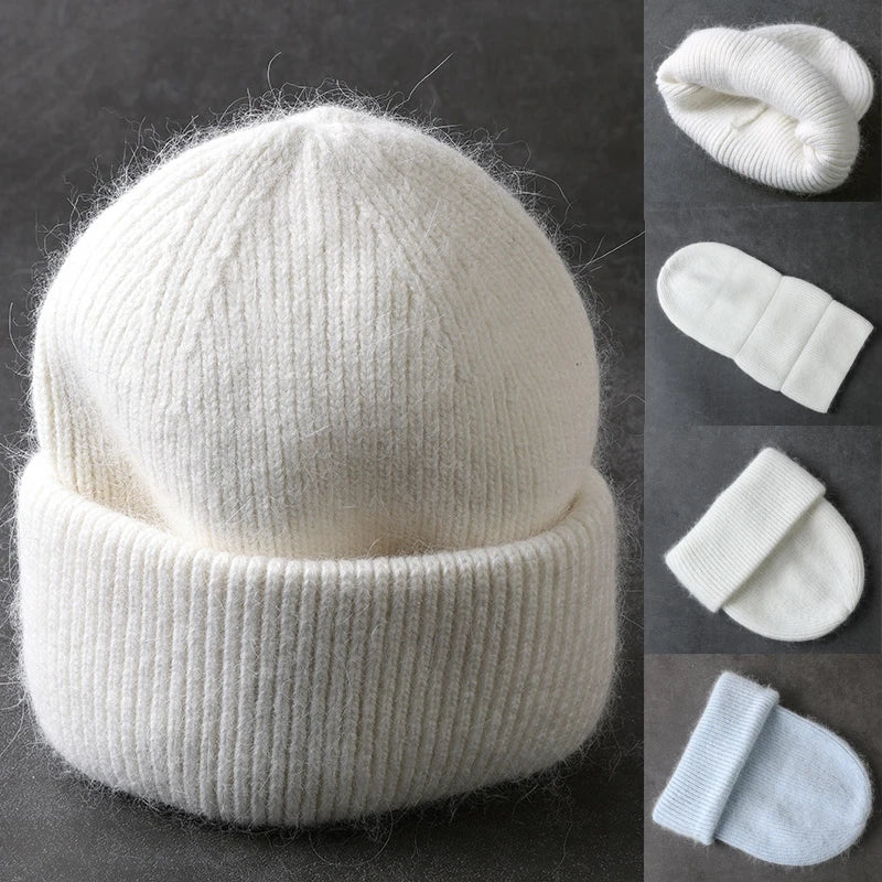 Winter Angola Rabbit Fur Knitted Beanies For Women Fashion Solid Warm Cashmere Wool Skullies Cap Female Three Fold Thick Hats