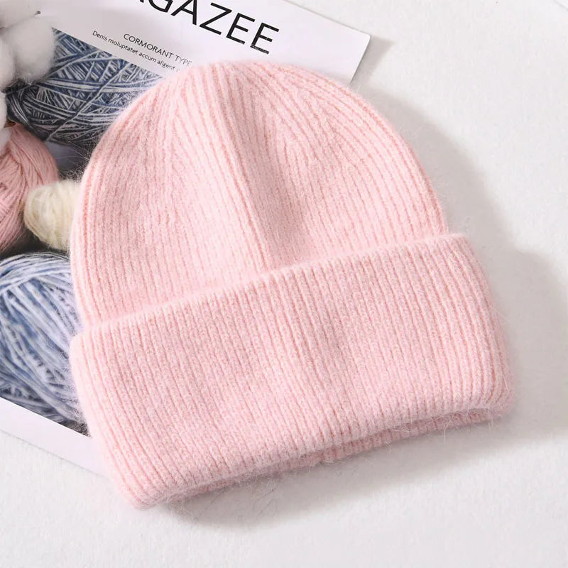 Winter Angola Rabbit Fur Knitted Beanies For Women Fashion Solid Warm Cashmere Wool Skullies Cap Female Three Fold Thick Hats