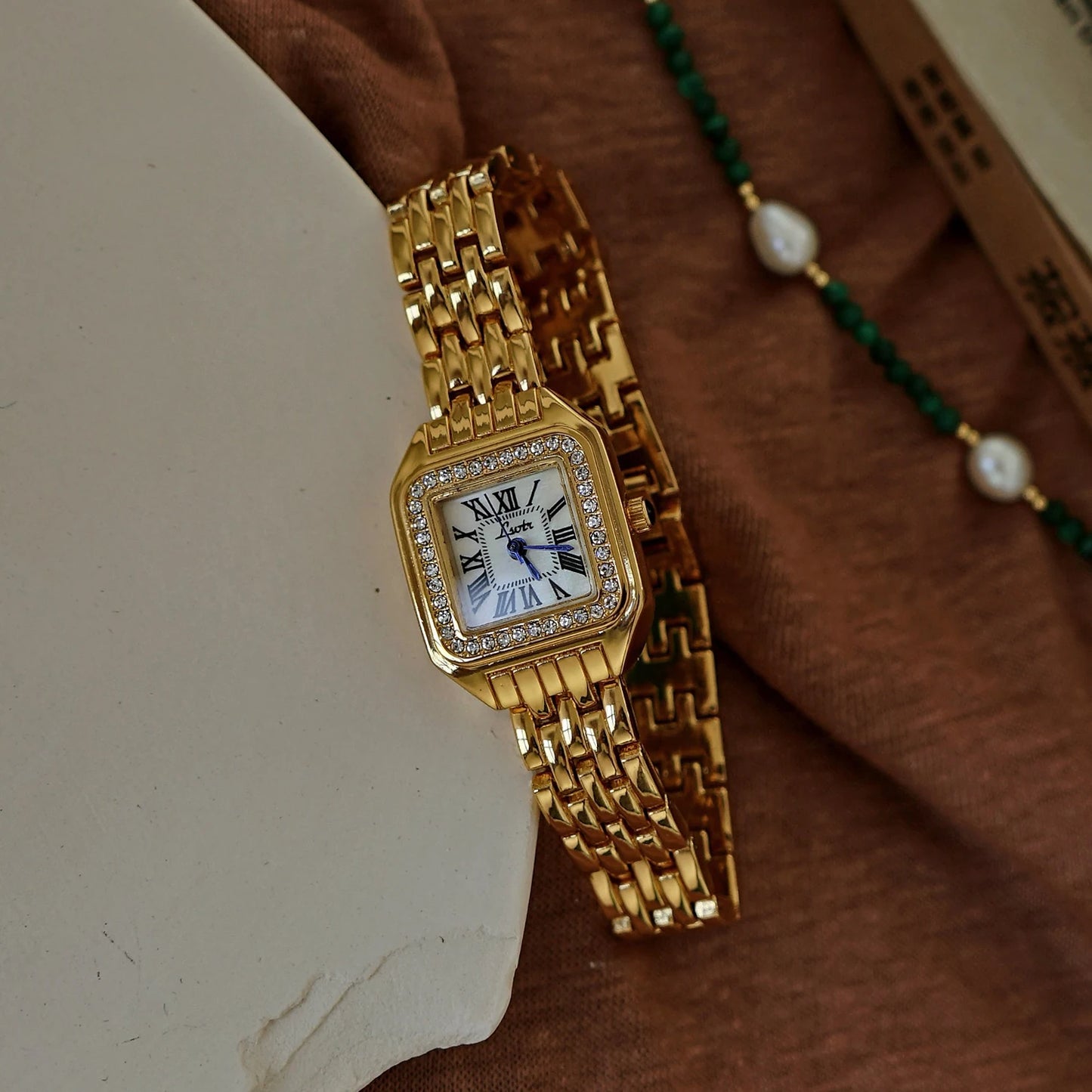 1pc New Arrival Gold-Tone Square Dial Women's Waterproof Watch With Inlaid Rhinestone, Elegant & Simple Style, watch for women