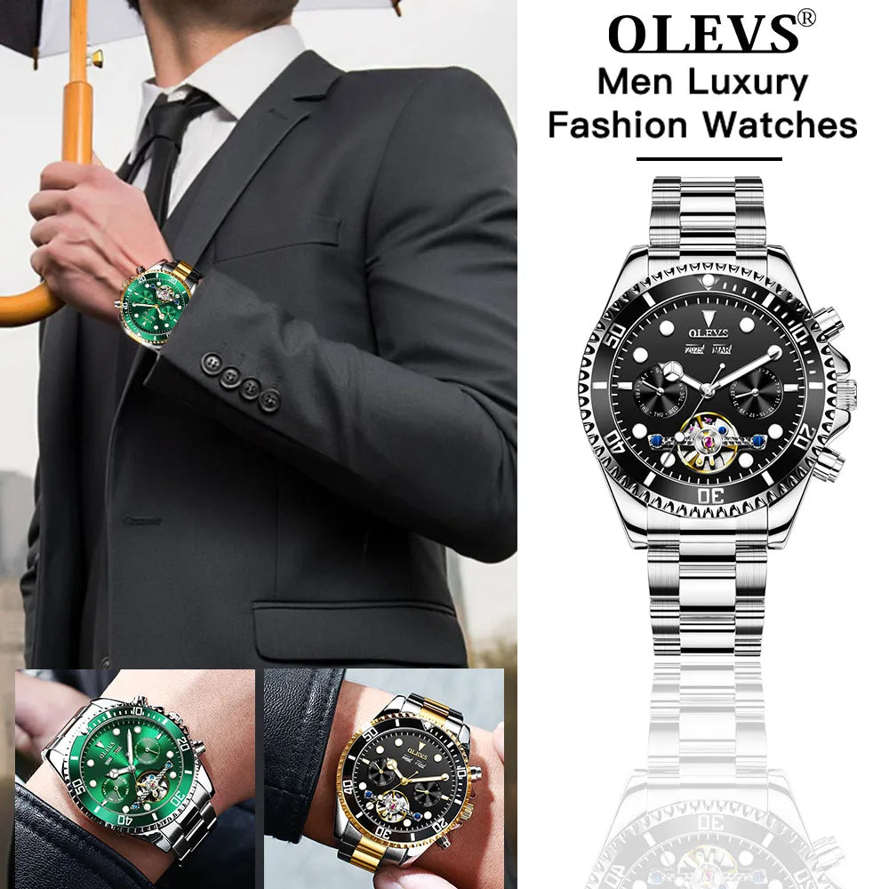 OLEVS Original Automatic Mechanical Watch for Men 42.8mm Big Dial Skeleton Hollow Date Week Luxury TOP Brand Men's Wristwatches