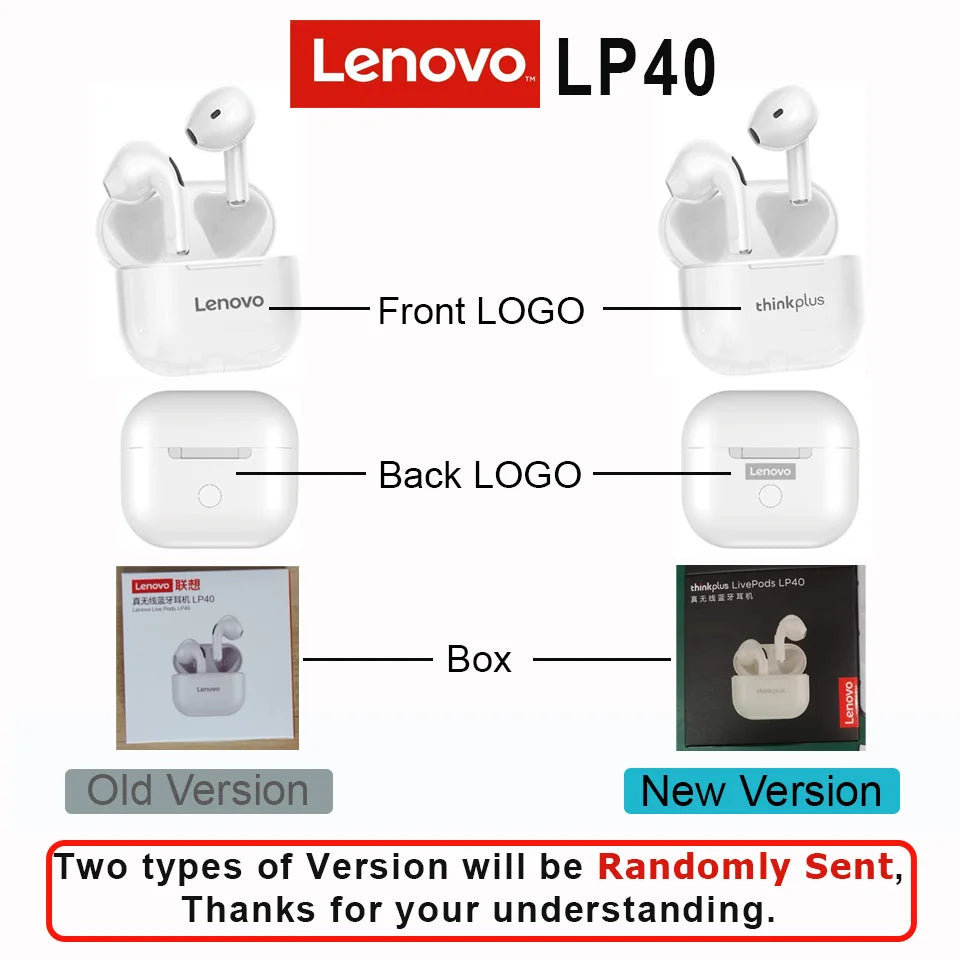 Original Lenovo LP40 Pro/LP40 TWS Earphones Wireless Bluetooth 5.1 Sport Noise Reduction Headphones Touch Control Earphones