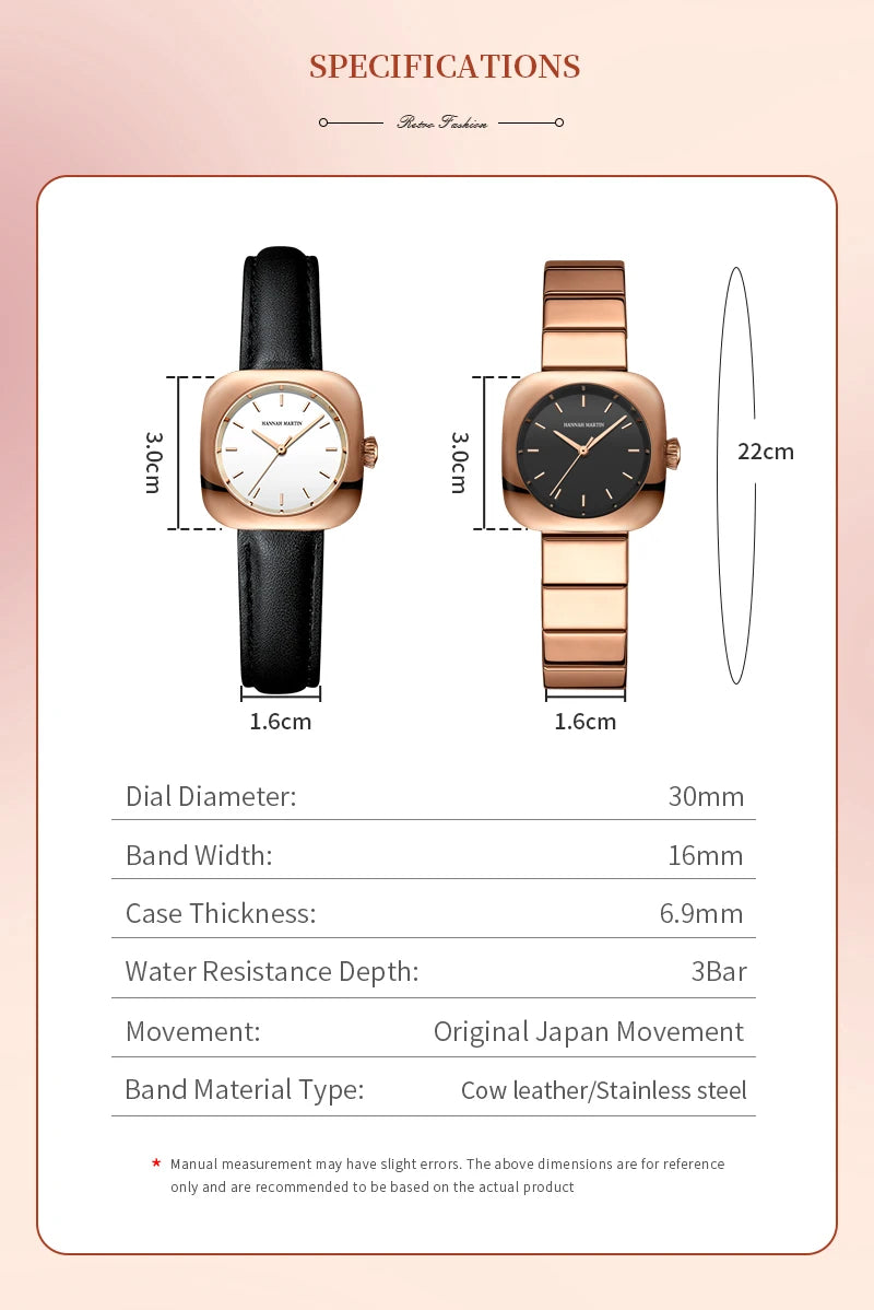 2024 New Minimalist Women's Watch 30mm Square Japanese Movement  Original Rose Gold Elliptic Leather Casual Fashion Wristwatches