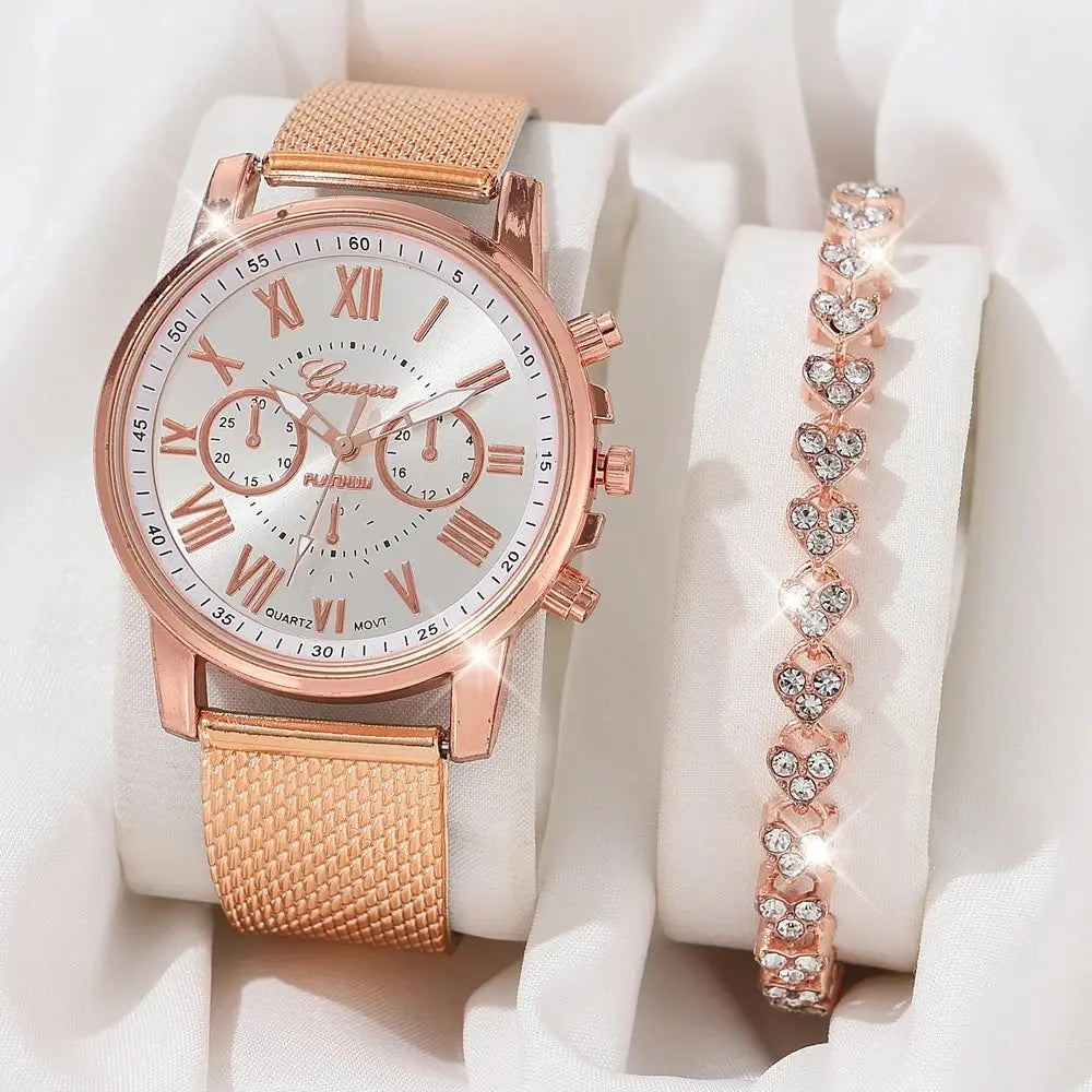 2 Luxurious And Fashionable Women's Watch Sets Rose Gold PU Leather Strap Women's Quartz Watch Alloy Bracelet Women's Gift