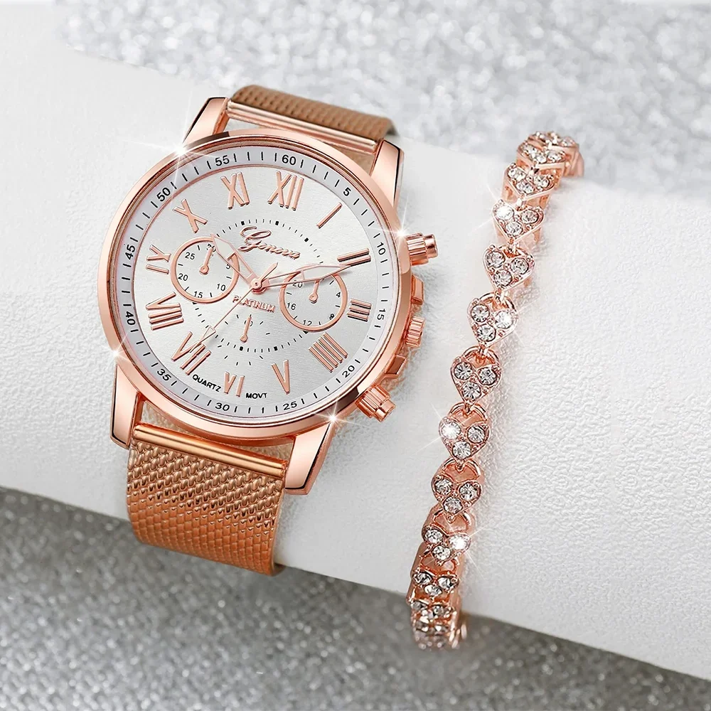 2 Luxurious And Fashionable Women's Watch Sets Rose Gold PU Leather Strap Women's Quartz Watch Alloy Bracelet Women's Gift