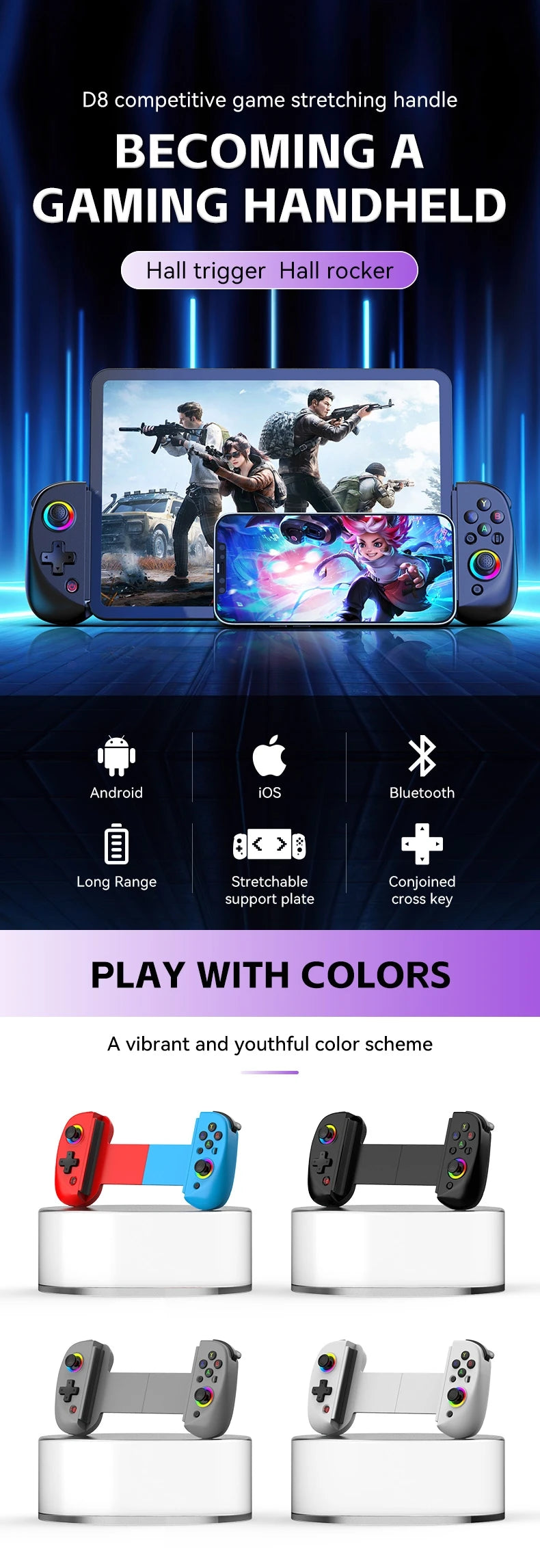 D8 Telescopic Gamepad Controller Joystick Turbo 6-axis Gyro Vibration Wireles Bluetooth 5.2 for Android IOS PS3 PS4 Switch IPad