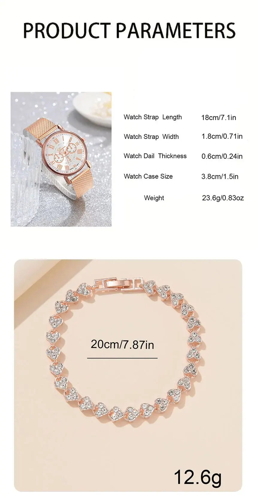 2 Luxurious And Fashionable Women's Watch Sets Rose Gold PU Leather Strap Women's Quartz Watch Alloy Bracelet Women's Gift