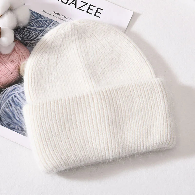 Winter Angola Rabbit Fur Knitted Beanies For Women Fashion Solid Warm Cashmere Wool Skullies Cap Female Three Fold Thick Hats