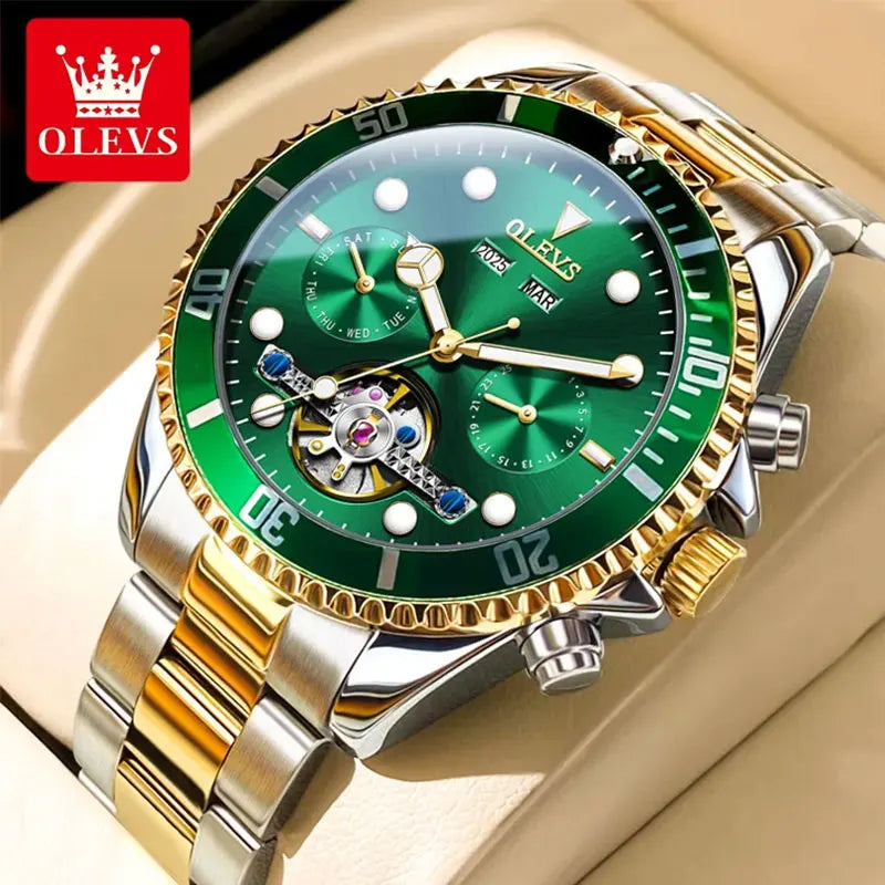 OLEVS Original Automatic Mechanical Watch for Men 42.8mm Big Dial Skeleton Hollow Date Week Luxury TOP Brand Men's Wristwatches