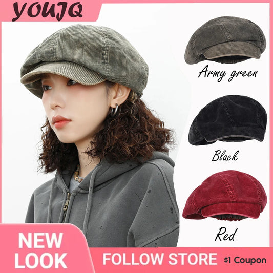 Y2K Big Winter Retro Corduroy Cloud Octagonal Hats for Women Autumn Winter Fashion Warm Literary Newsboy Cap Beret