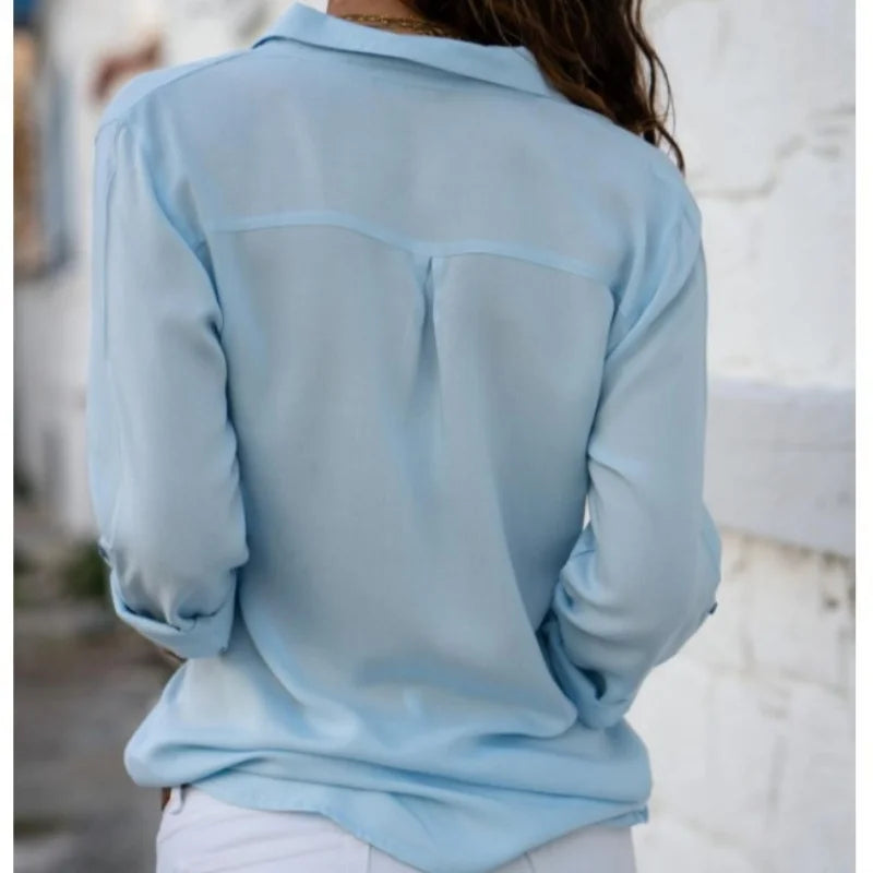 Women Elegant Solid Chiffon Blouse Spring Summer Casual Long Sleeve V Neck Loose Shirt Office Lady Tunics Oversized Tops 2023