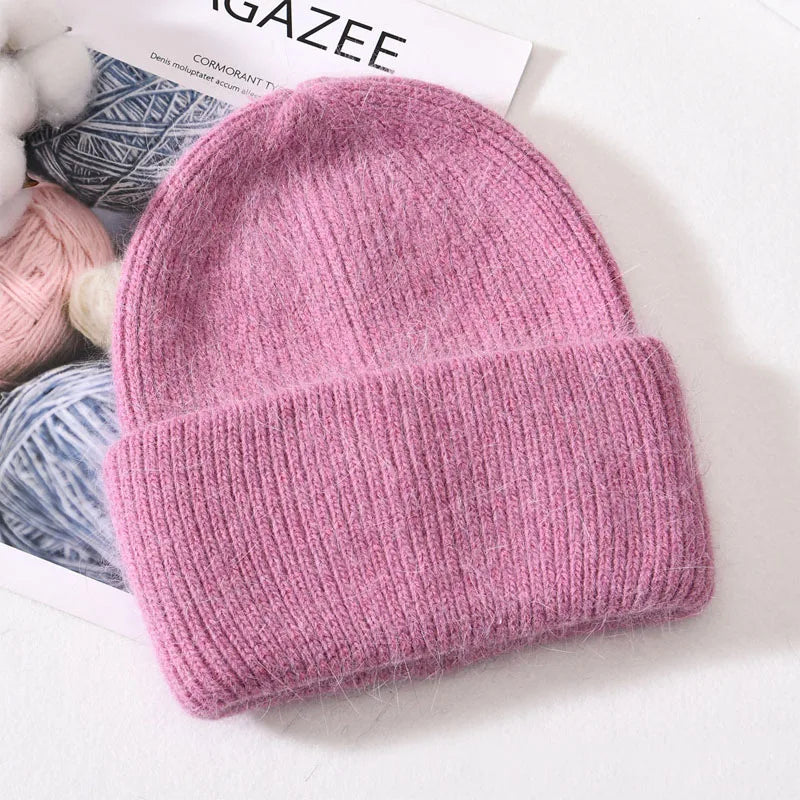 Winter Angola Rabbit Fur Knitted Beanies For Women Fashion Solid Warm Cashmere Wool Skullies Cap Female Three Fold Thick Hats