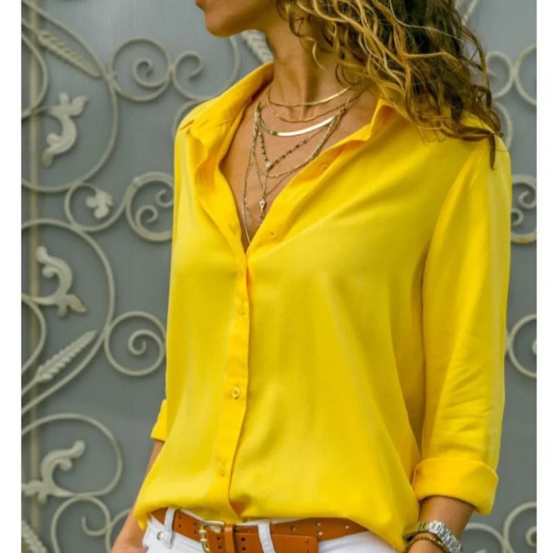 Women Elegant Solid Chiffon Blouse Spring Summer Casual Long Sleeve V Neck Loose Shirt Office Lady Tunics Oversized Tops 2023