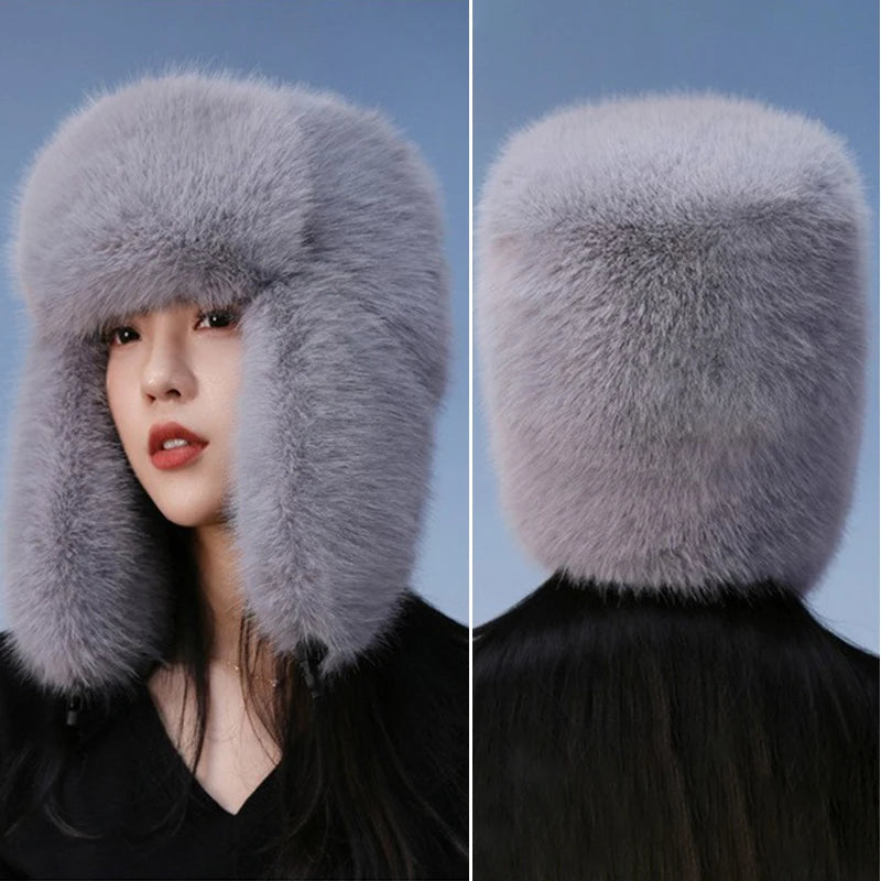 Thicken Faux Fur Ushanka Winter Warm Ear Protection Bomber Hat Outdoor Russian Windproof Anti-cold Furry Earflap Hat For Skiing