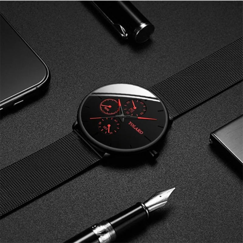 Fashion Men Business Watches Luxury Ultra Thin Steel Mesh Belt Quartz Men Wrist Watch Casual Leather Band Male Watch